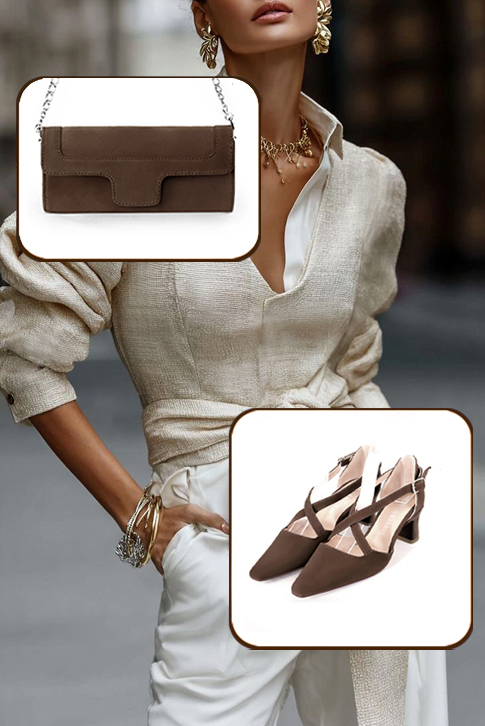 Dress heels closed-back crossed straps in chocolate brown leather with medium spool heels and tapered toe - Worn view